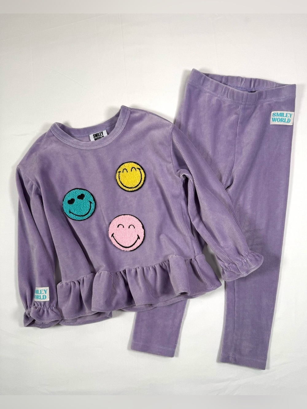 SMILEY WORLD Girls Corduroy Peplum Top Leggings Set 3T Happy Face Lounge Outfit